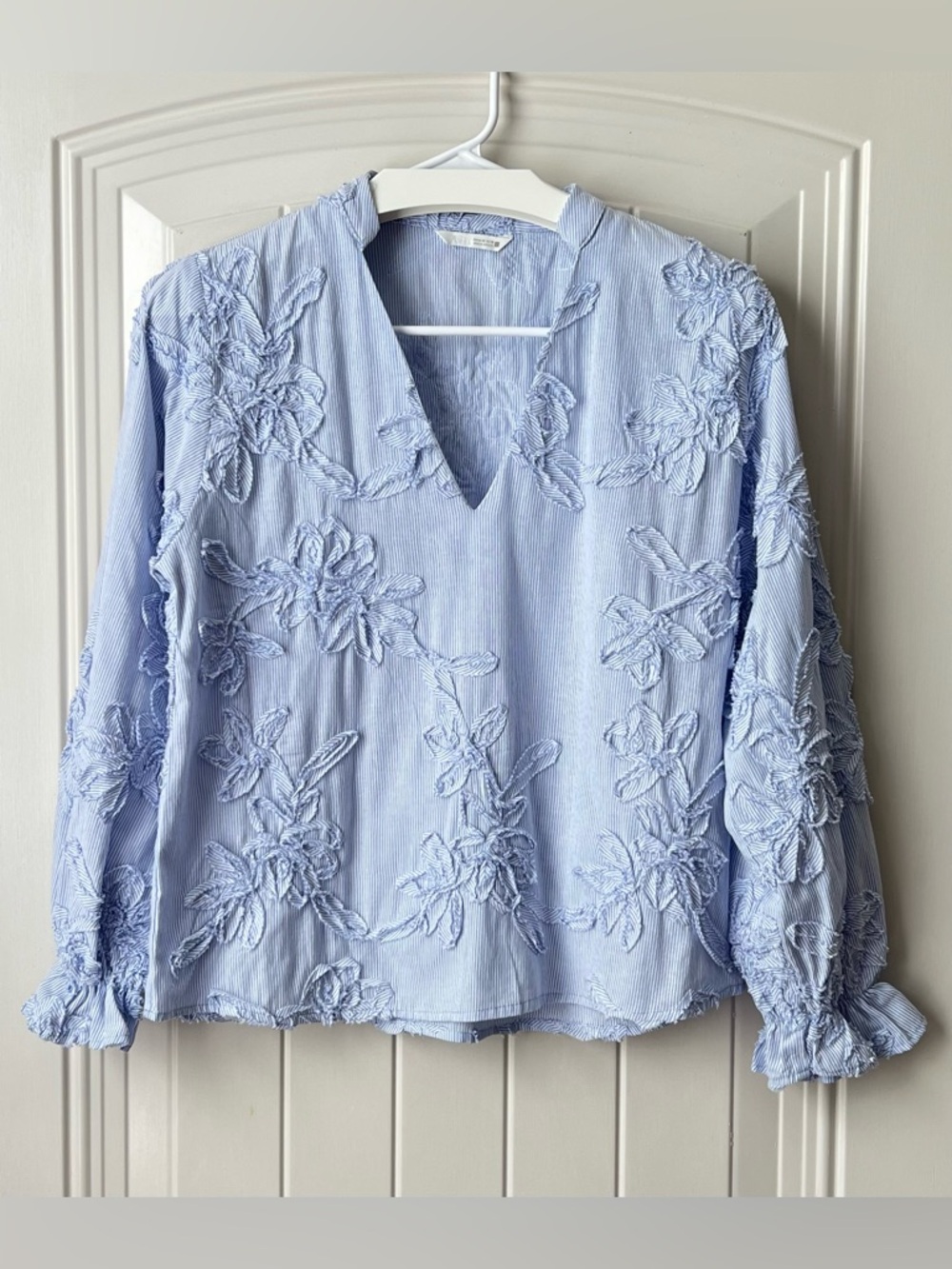 Zara Embroidered Floral Blue Stripe Blouse XS Cotton Boho - Picture 2 of 15